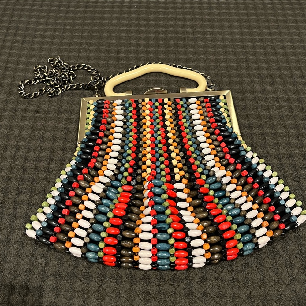 Patricia Nash Wooden Beaded Purse With Handel and Chain Shoulder Strap/Crossbody